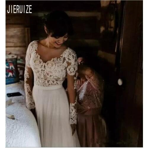 JIERUIZE Simple Boho Wedding Dresses O-Neck Lace Appliques Illusion Long Sleeves Backless Bridal Gowns Vestidos de Novia
