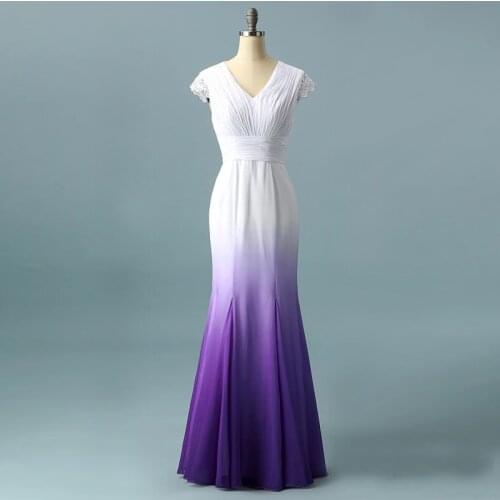 Real Photos White Purple Ombre Wedding Gowns Lace Appliques Modest Bridal Dresses Open Back Cap Sleeve Bride Dress