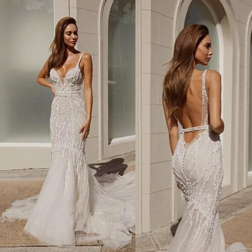 Luxury Backless Wedding Dresses 2020 Beading Sequins Plunging Neck Mermaid Wedding Dress Bridal Gowns Plus Size Abiti Da Sposa
