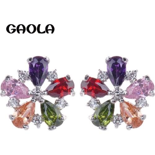 GAOLA New Design Charm Accessories Colorful Flower Shape CZ Silver Color Stud Earrings for Girls / Woman GLE0141
