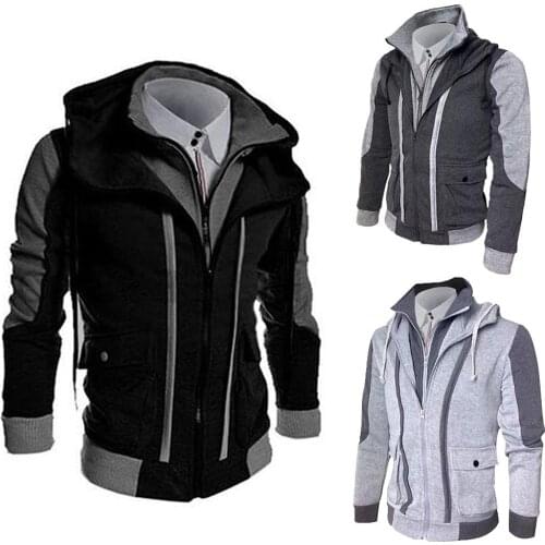 Men Autumn Winter Zip Hooded Thick Warm Fake Two Pieces Sports Sweatshirt Coat Fashion Solid Color Stand Collar Zipper Pockets