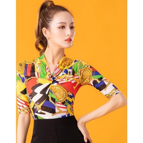 High Quality Women Lady Sexy Multicolor Printing Shirt Ballroom Latin Dance Tops Cha Cha Samba Adult Stage Dancing Wear DL5889