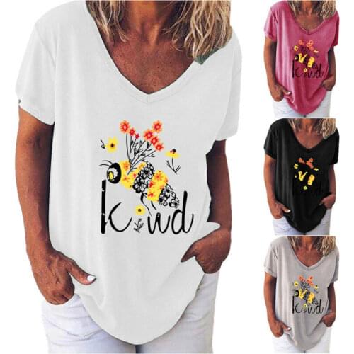 Women V-Neck Short Sleeves Bee Printed Loose Casual T-Shirt Summer Top Tee