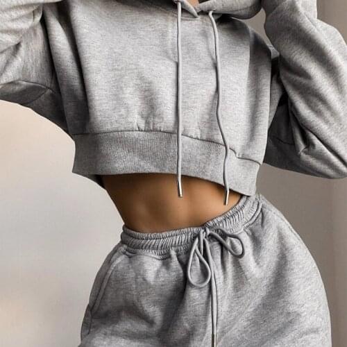 Women Winter 2 Piece Outfits Long Sleeve Cropped Hoodies Sweatshirt Drawstring Jogger Long Pants Solid Color Loose Sports Tracks