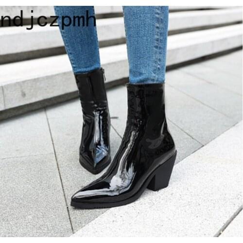 Womens Boots The New winter fashion Pointed zipper High heel Martin boots Womens shoes plus size 31-46 Heel Height 7.5cm black