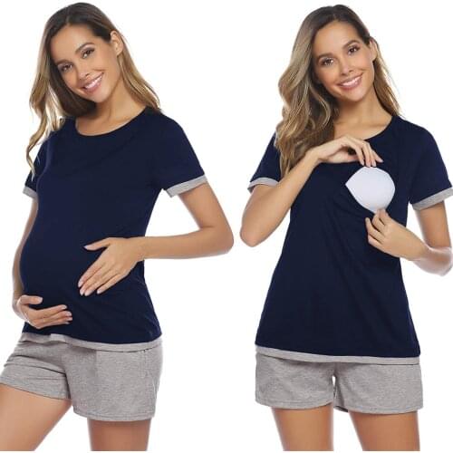 Womens Maternity Nursing Pajamas Sets Breastfeeding Sleepwear Short Sleeve 2 Pcs Top and Shorts Camiseta Enfermera