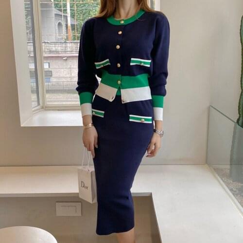 Autumn Women Elegant Vintage Bodycon Streetwear Casual Knit Elasticity Single-Breasted Jacket Coat High Waist Skirt 2 Pieces Set