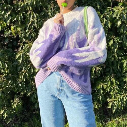 Vintage Purple Flame Knitted Oversized Sweaters Women Winter Streetwear Warm Pullovers High Fashion Stretch Jumpers 2021
