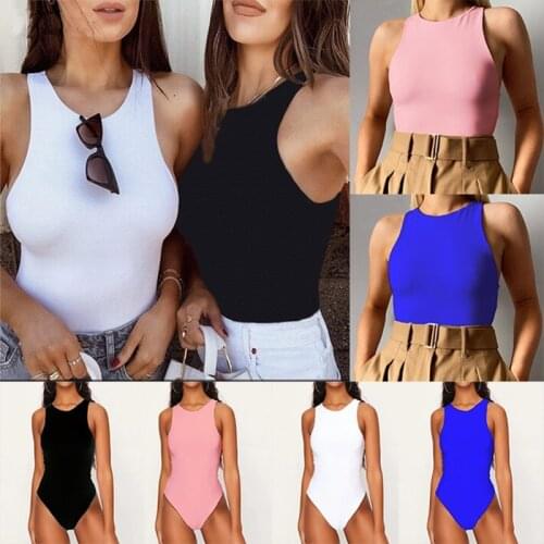 Women Sleeveless O-Neck Bodysuit Racer Back Solid Color Bodycon Tank Top Leotard