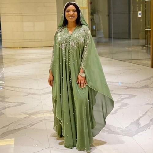 Muslim Kaftan Abaya Dress Kimono Women Dubai Open Abayas Turkish Beaded Chiffon Hooded Dress Elegant African Plus Size Boubou