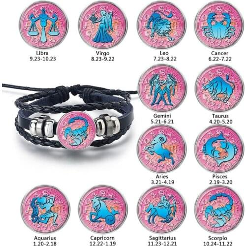12 Zodiac Constellation Time Gem Stone Leather Hand Woven Bead Pisces Aries Scorpius Libra Virgo Bracelets Birthday Gift For Men