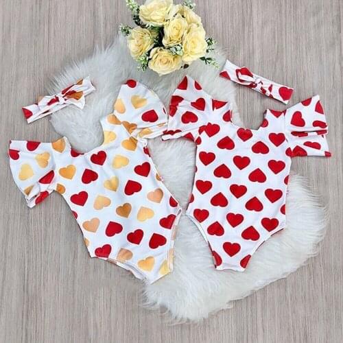 Dropshipping 2Pcs Baby Summer Clothing Baby Girl Valentines Day Jumpsuit Flare Sleeve Bodysuit Headband Hearts Print Outfits