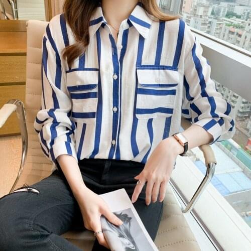 Chikichi 2021 Casual Spring and Autumn New Womens Lapel Striped Chiffon Button Shirt