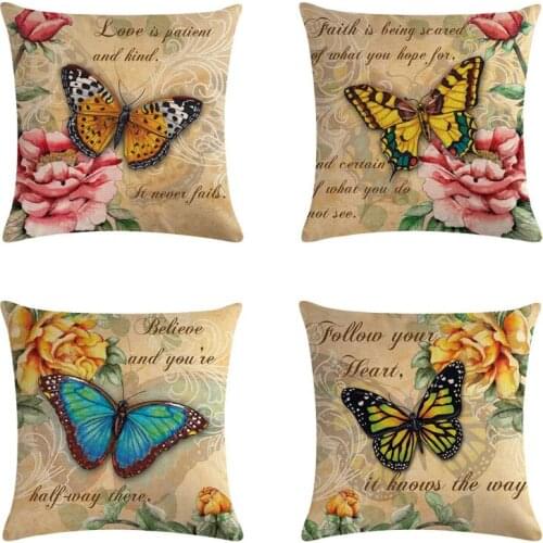 Flower and Butterfly Print Cushion Cover Linen Pillowcase Sofa Car Cushion Cover Party Home Decor