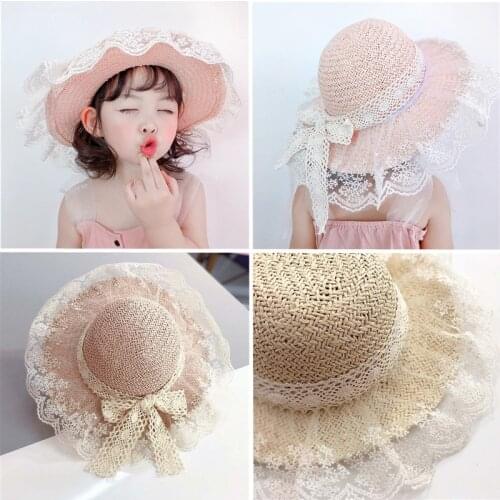Kids Girls Sweet Sun Hats 2021 New Fashion Summer Spring Lace Flowers Caps Breathable Straw Elegant Sunhat Lovely Baby Bonnet