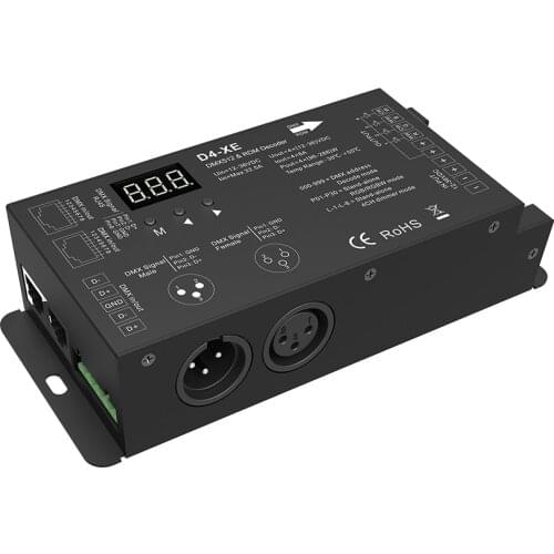 D4-XE;4 channel PWM constant voltage DMX decoder with digital display;DC12-36V input;8A*4CH output