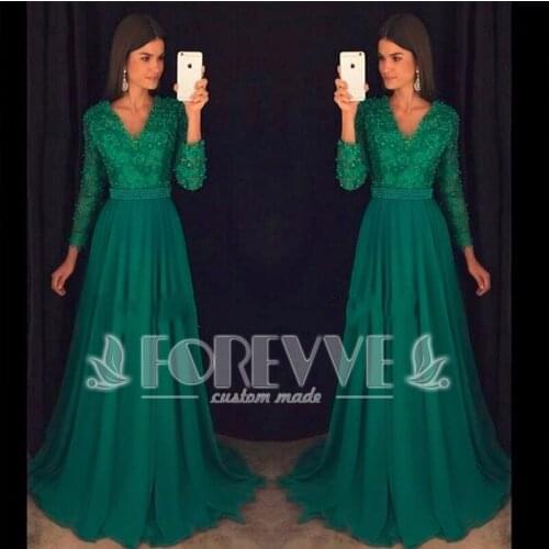 Elegant Emerald Green Pearls Evening Dress 2019 V-neck Long Sleeve Lace-up Formal Party Dresses Vestido De Festa Prom Gown