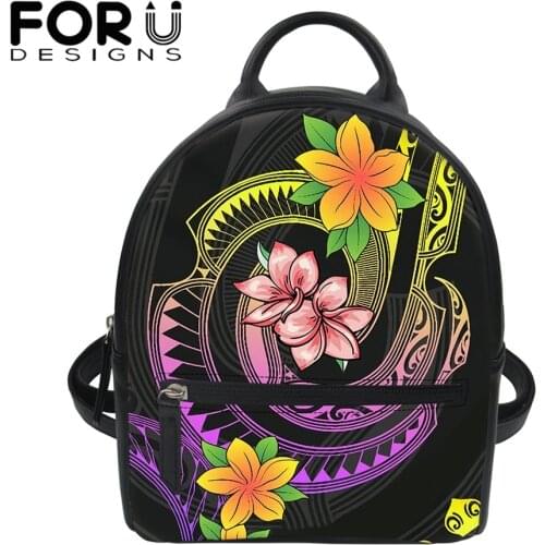 FORUDESIGNS Samoan Tribe Hibiscus Printed Mini School Bag for Women Leather Travel Backpack Girls Portable Satchel Mochila Mujer