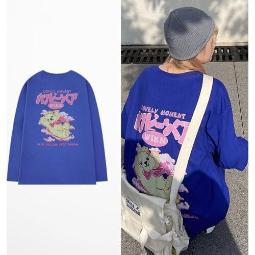 Ins Style T Shirt Long Sleeve Men Hip Hop High Street Funny Print T-shirt Japanese Fashion Cartoon Print Blue Tee Shirt