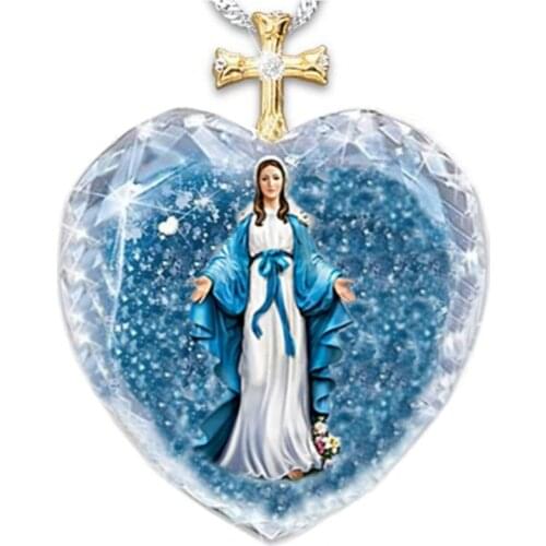 Exquisite Fashion Virgin Mary Pattern Heart-Shaped Crystal Ladies Necklace Jewelry Pendant