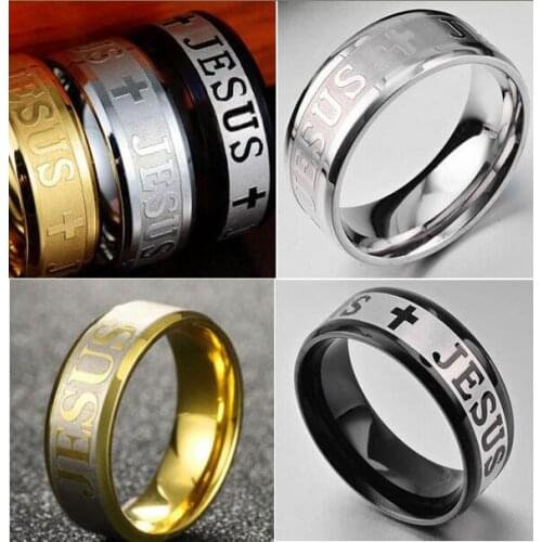 50pcs Color Mix JESUS Stainless Steel CROSS Rings Mens Religious Church Prayer Rings ETCHED Band Rings Wholesale Jewelry Lot