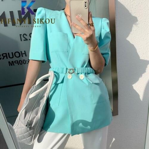 Summer Blazer Jacket Women 2021 New Pocket V-Neck Fashion Belt Short Sleeve Suit Jacket Ladies Casual Loose Blazers Coat
