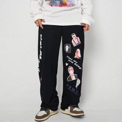 EukaaRu Harajuku Cartoon Character Printing Mens Hip Hop Pants Fashion Street Trend Straight Casual Wide Leg Pants Trousers
