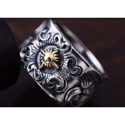 Real S925 Sterling Silver Retro Tang Grass Pattern Sun Flower God Mens Boutique Ring Exquisite Commemorative Party Jewelry