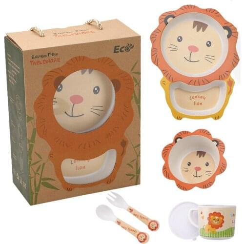 Eco-friendly Childrens Dinnerware Cutlery Set Cartoon Baby Meal Divider Plate Bowl Spoon Fork Milk Cups Bamboo Fiber Tableware