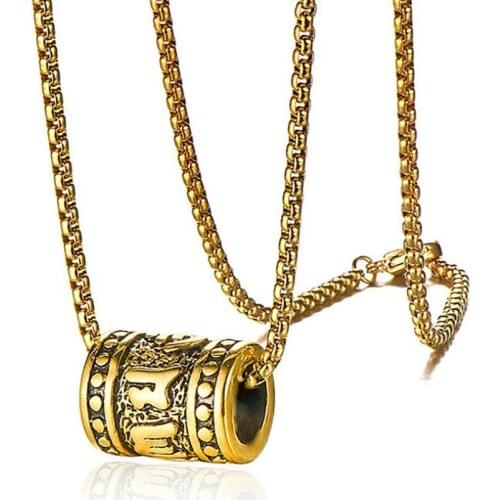 Stainless Steel Gold Vintage Daming Mantra Buddhism Pendant Necklace Cylinder Religious Punk Rock Jewelry Gift For Him
