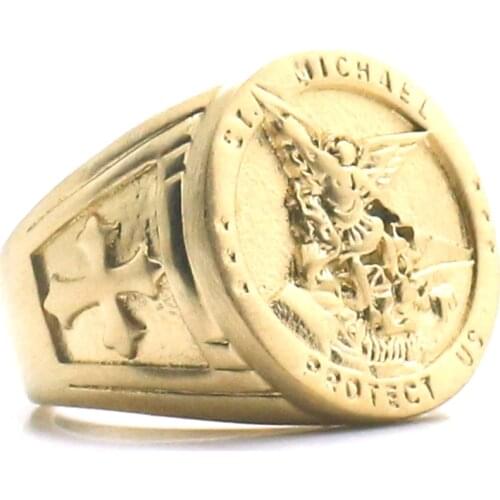 New Technology Unisex Saint Michael Protect US 316L Stainless Steel Gold-Color Frosting Ring