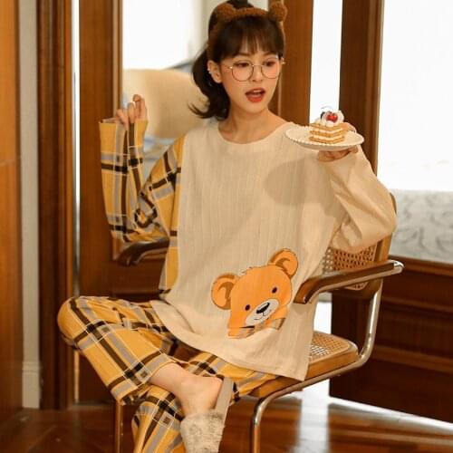 Autumn Pyjamas Sets Women Cotton Pijama Mujer Korean Sleepwear Cartoon Bear Grid Pajamas Suit Long Sleeve Homewear Pyjama Femme