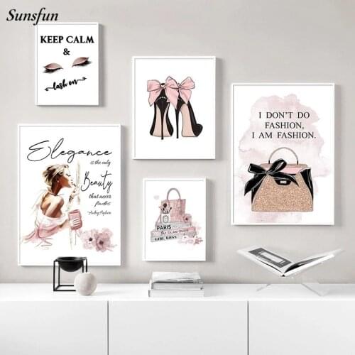 Pink Luxury High Heels Bag Perfume Canvas Print Painting Fashion Art Poster Wall Picture Beauty Salon Girls Room Decoration