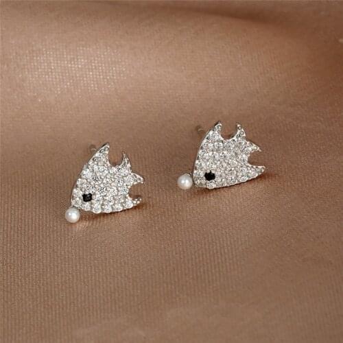 Luxury Female White Round Small Pearl Fish Earrings For Women Wedding 925 Sterling Silver White Zircon Cute Animal Stud Earrings