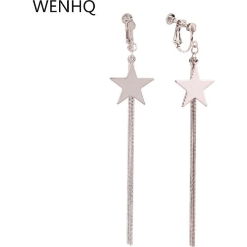 WENHQ Star Tassel Clip on Earrings No Pierced for Women Girl Daily Fashion White Gold Color Screw Cuff Earrings Charm Ear Clip
