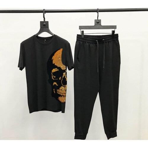 Loose Trend Tracksuit Retro Skull Head Luxury Cotton T-Shirt + Pants Top Mens Short-Sleeved Diamond Sets