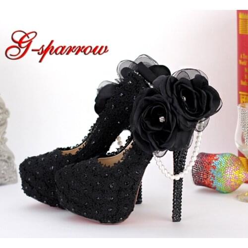 Black Lace Appliqued Evening Dress Shoes Beautiful Side Appliques Party Prom High Heels Flowers Pearl Bridesmaid Shoes Platforms