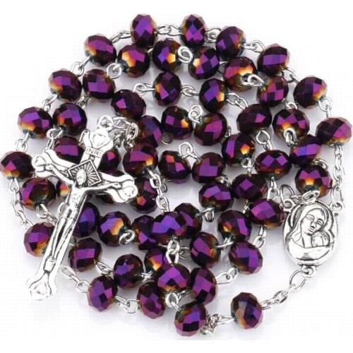 Vintage Virgin Mary Cross Pendant Rosary Necklace Purple Glass Crystal Beads Catholic Prayer Religion Jewelry