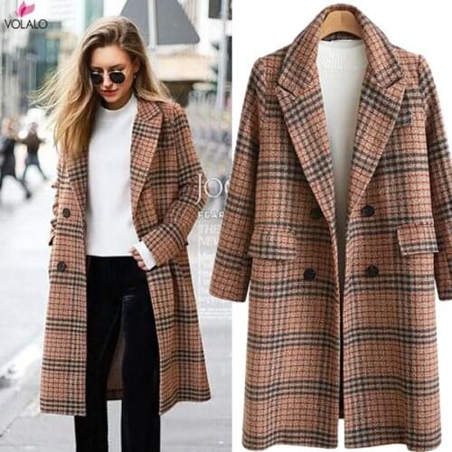 Womens Winter Oversize Lapel Collar Woolen Plaid Double Breasted Long Peacoat Jacket