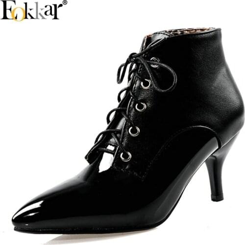 Eokkar 2020 Women Pu Leather Pointed Toe Ankle Boots Lace Up Thin Highheel All Match Winter Boots Ladies Shoes Size 34-43