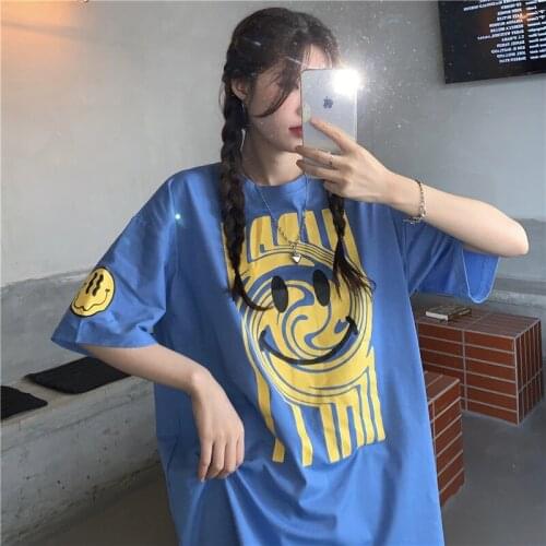 Womens T-shirts Tops Japanese Kawaii Ulzzangcasual Loose Smiley Print Loose Tshirt Female Korean Harajuku Clothes For Women