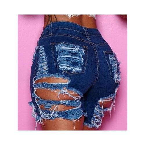 Women Sexy Ripped Hole Denim Shorts Stretch Bodycon Skinny Knee-Length Jeans Shorts Ladies Beach Shorts