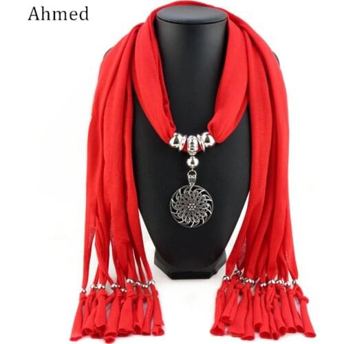Ahmed New Original Ethnic Alloy Round Hollow Flower Pendants Tassel Scarf Necklace for Women Fashion Silk Scarves Collar Jewelry