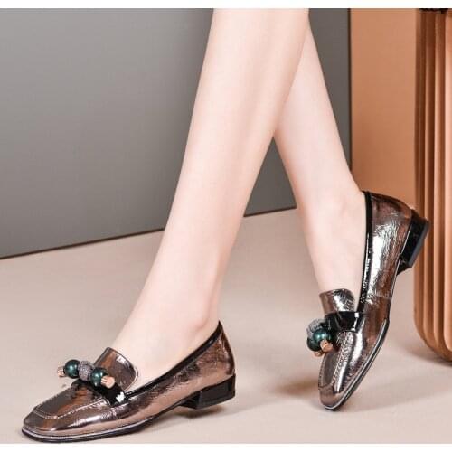 New 2020 autumn women pumps shoes genuine cow leather low heel gun color silver shoes woman dress party casual shoes size 34-40