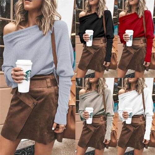 Women Off Shoulder Sexy Elastic Knitting Pullover Sweater Lady Plus Size S-2XL Knitwear Autumn Winter Jumper Pull Femme