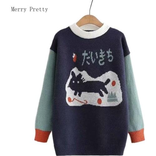 Women Sweaters Harakuju Cartoon Cat Embroidery Jacquard Casual Knitted Pullover 2021 Winter Full Sleeve O-neck Ladies Warm Tops