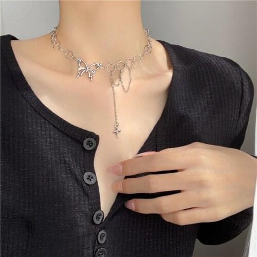 Korean Butterfly Choker Chain Necklace For Women Girls Fashion Cute Silver Color Star Tassel Necklaces Party Jewelry