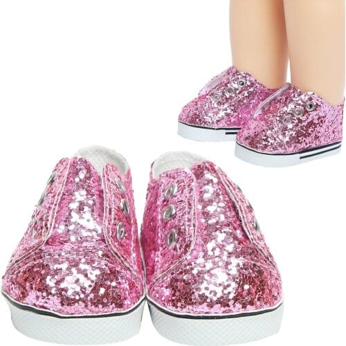1 Pair Sports Shoes Fashion Pink Shiny Flat Shoes Daily Casual Wear Dresses Up Clothes for American 18 Inch Girl Baby Toys