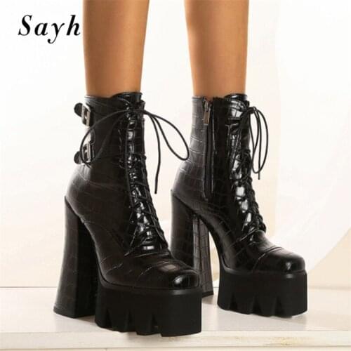 Martin Boots 15cm High Heel Ankle Boot Women Leather Belt Buckle Waterproof Platform Lace Up Catwalk Fashion Womens Boots Black