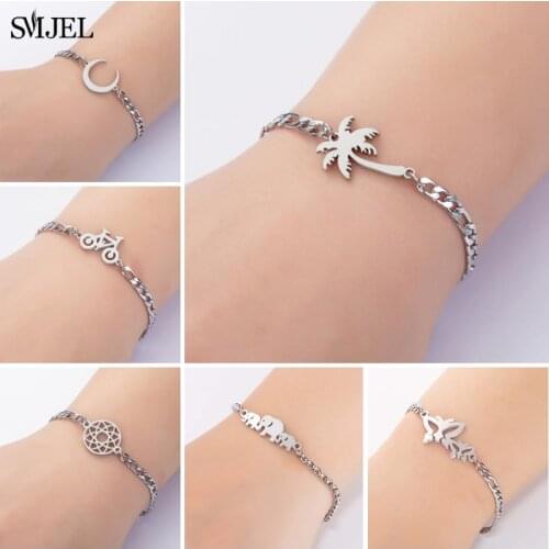 Stainless Steel Bracelets Women Fashion Palm Coconut Tree Moon Butterfly Flower Elephant Charm Bracelet Bohemian Jewelry pulseri